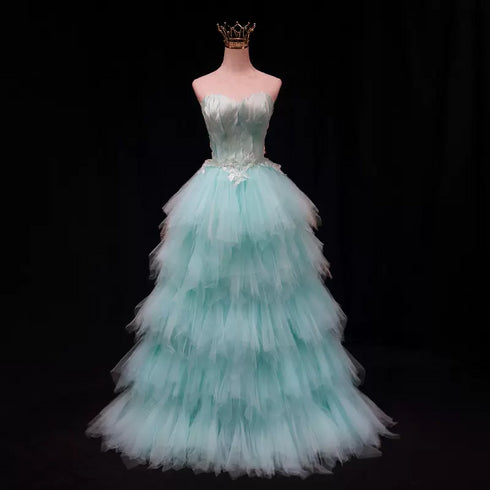 Mint Green Strapless Sheath Wedding Dress - Layered Tulle Ruffle Dress - Princess Wedding Dress with Sweetheart Neckline Plus Size